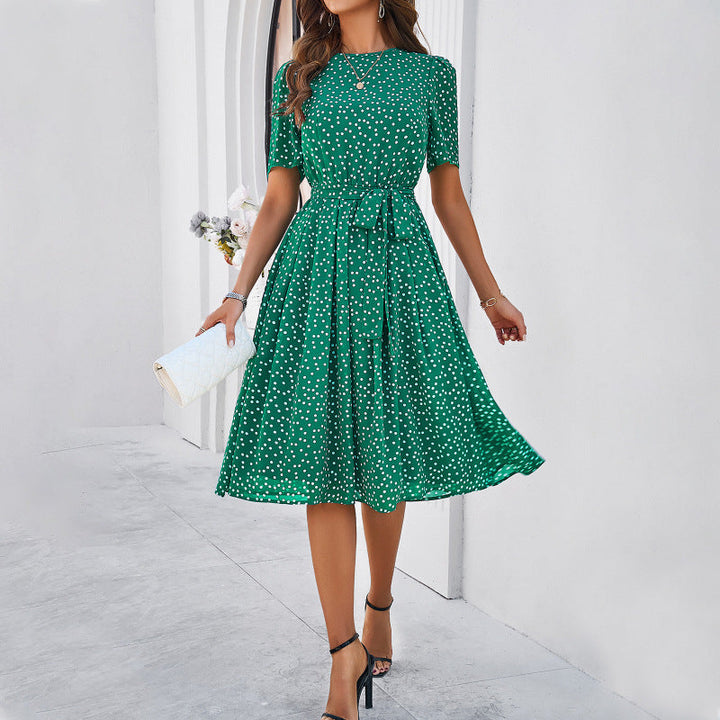 Ariella | Robe midi à pois avec ceinture – robe féminine à manches courtes et jupe évasée