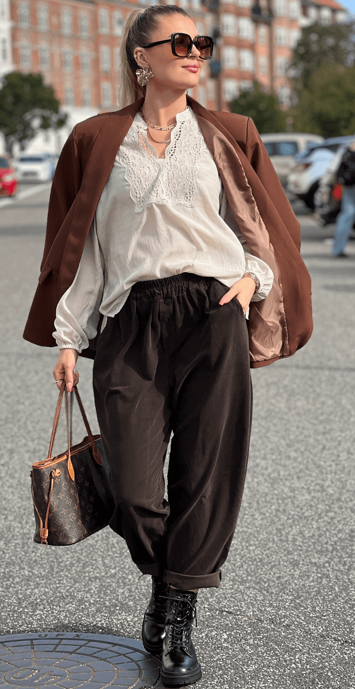 Senzy | Pantalon en Velours Côtelé Marron – Taille Élastique & Poches Pratiques