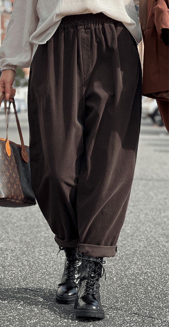 Senzy | Pantalon en Velours Côtelé Marron – Taille Élastique & Poches Pratiques