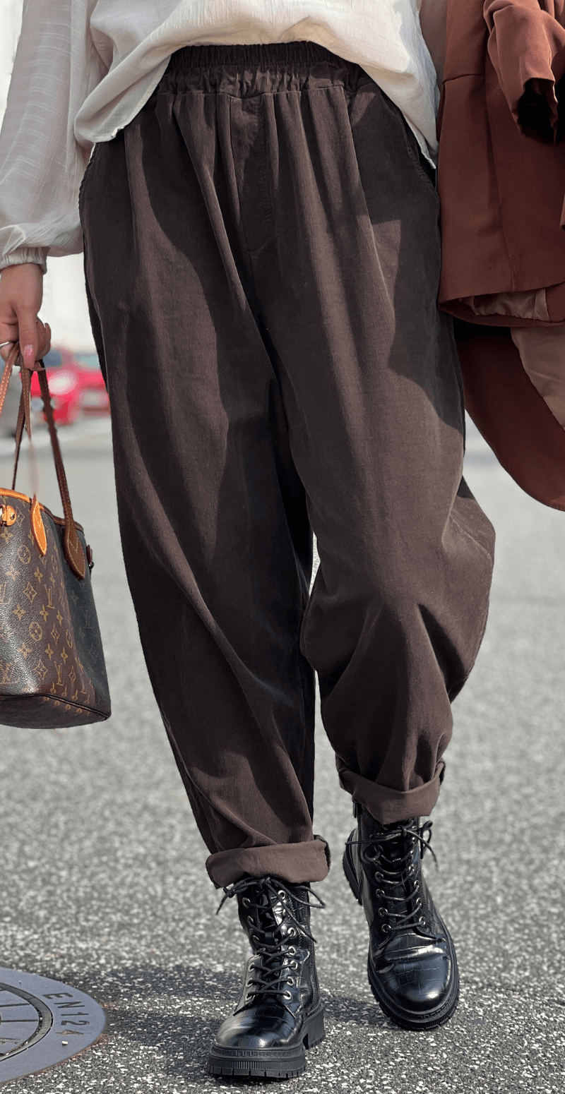 Senzy | Pantalon en Velours Côtelé Marron – Taille Élastique & Poches Pratiques